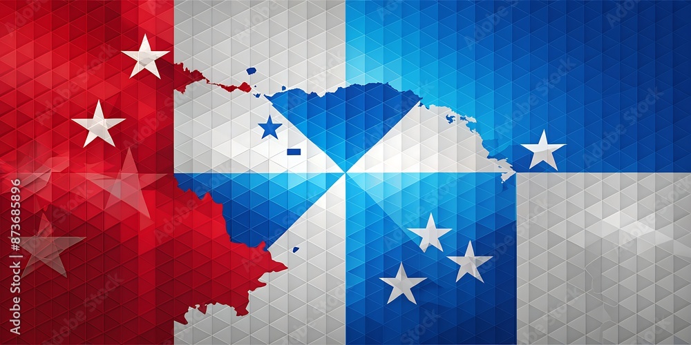 Fototapeta premium Vibrant blue and red geometric pattern abstract banner featuring Panama's flag and map, blending retro and modern styles in a stunning Independence Day illustration design.