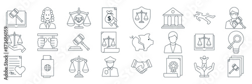 Legal and Law icons set, Included icons as Arbitration, Bankruptcy, Mediation, Gavel and more symbols collection, logo isolated vector illustration