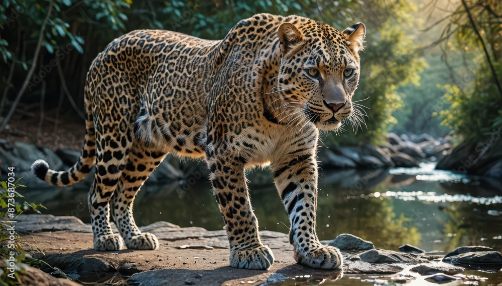 Obraz premium Leopard Walking by the Water.