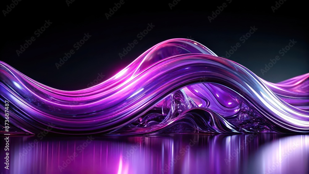 Purple iridescent wave on black, liquid glass texture background ...