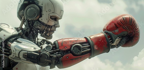 A White Robot Wearing Red Boxing Gloves Prepares to Throw a Punch