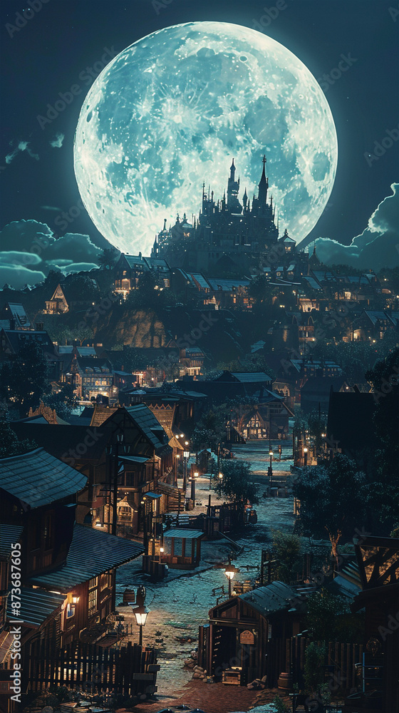 Enchanting full moon over the ancient city at night, illuminated by its light, with glowing windows, dark blue sky, stars, and silhouettes of mountains on the horizon. Enchanting full moon over the ancient city at night, illuminated by its light, with glowing windows, dark blue sky, stars, and silhouettes of mountains on the horizon.