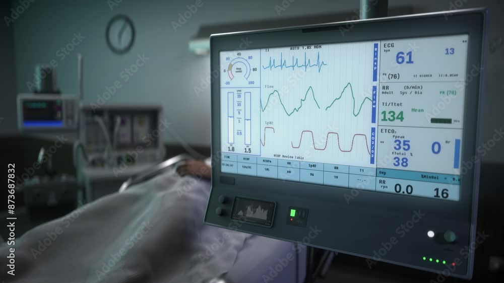 Clinic Device Tests Human Respiratory System Health Status. Device Displays Death Of Patient From Respiratory Organs Failure. Hospital Equipment Testing Lungs. Machine For Respiratory System Test Clinic Device Tests Human Respiratory System Health Status. Device Displays Death Of Patient From Respiratory Organs Failure. Hospital Equipment Testing Lungs. Machine For Respiratory System Test