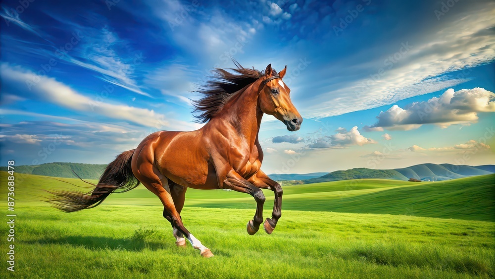 Majestic brown horse running in a green field under the clear blue sky, Horse, animal, brown, majestic, running, galloping, field Majestic brown horse running in a green field under the clear blue sky, Horse, animal, brown, majestic, running, galloping, field