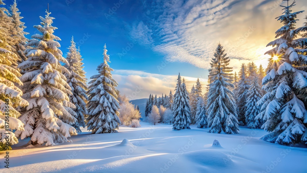 Fototapeta premium Winter forest covered in a blanket of fresh snow, winter, forest, snow, cold, nature, landscape, trees, white, scenic