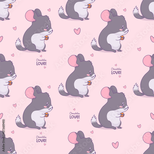Seamless pattern with cute chinchilla on pink background with hearts. Funny cartoon kawaii animal rodent. Vector illustration. Kids collection