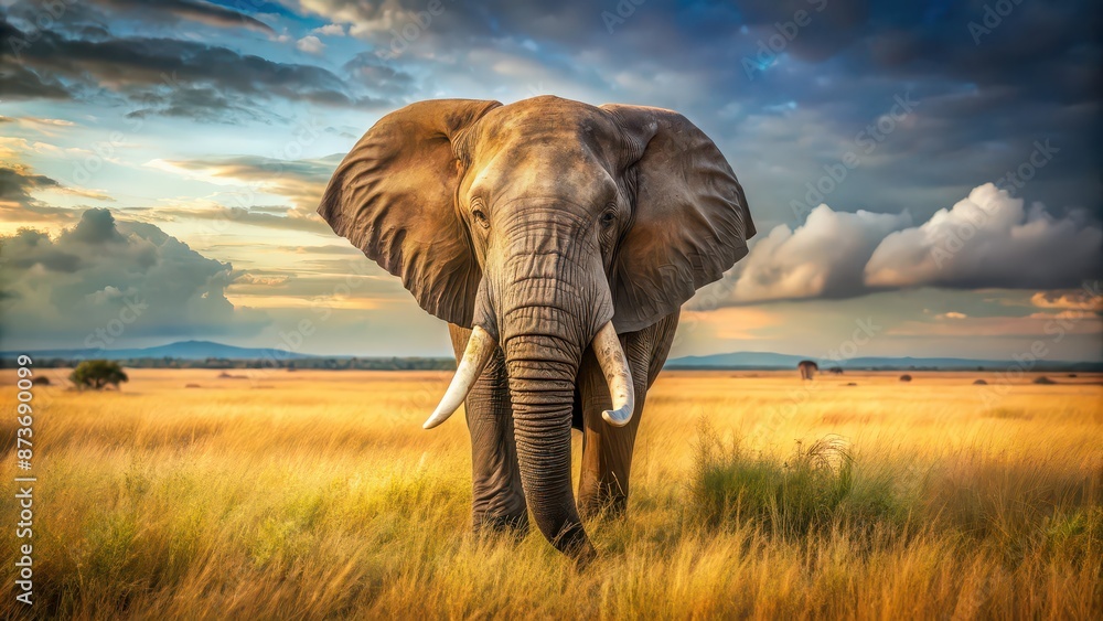 Fototapeta premium Majestic elephant standing in the savannah with large tusks, wildlife, Africa, tusks, majestic, savannah, nature, safari