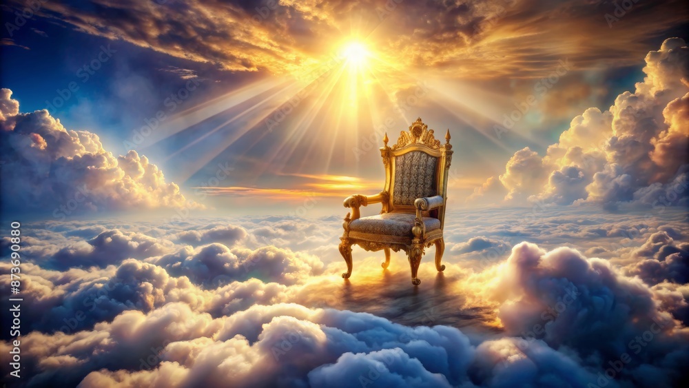 Majestic divine throne radiates glory amidst breathtaking celestial landscape with dazzling luminescent aura and subtle misty clouds in the background. Majestic divine throne radiates glory amidst breathtaking celestial landscape with dazzling luminescent aura and subtle misty clouds in the background.