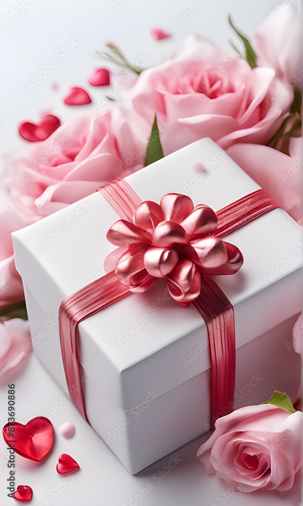 White box with red ribbon and flowers around. Top view of present. Space for text. Greeting card.
White box with red ribbon and flowers around. Top view of present. Space for text. Greeting card.