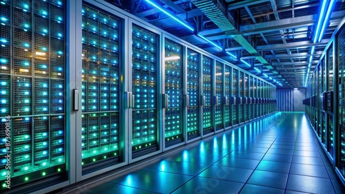 Modern high-tech data center with rows of humming servers and cables illuminated by soft blue and green LED lights.