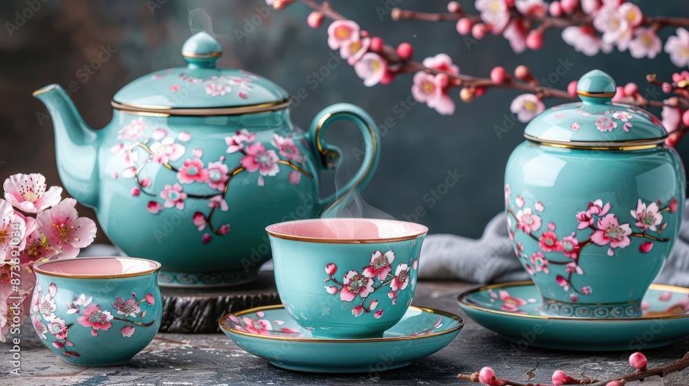 A blue tea set with pink flowers and a pink tea cup A blue tea set with pink flowers and a pink tea cup