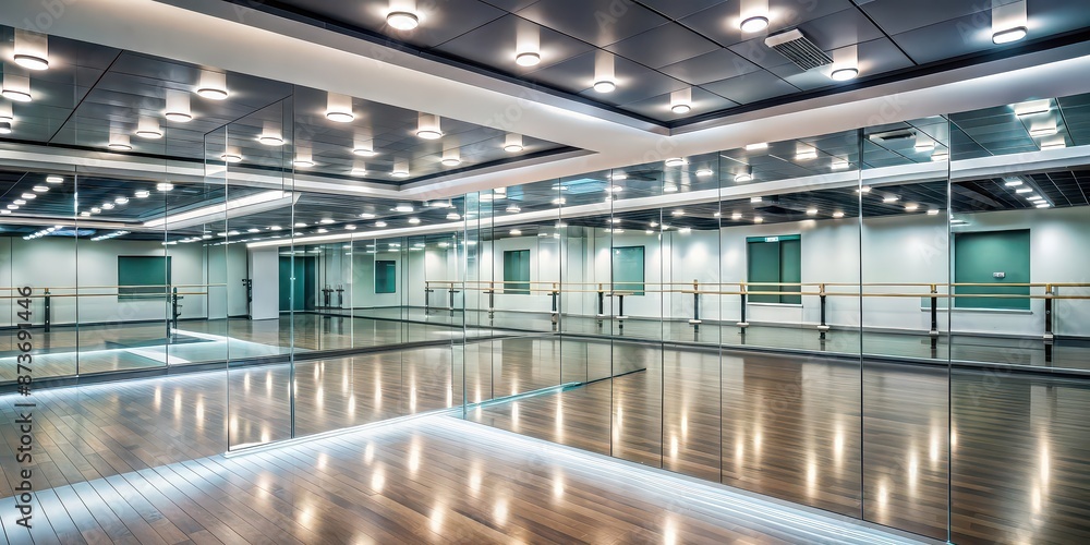 Naklejka premium Contemporary dance studio with mirrored walls, modern lighting, and a high-tech sound system, dance