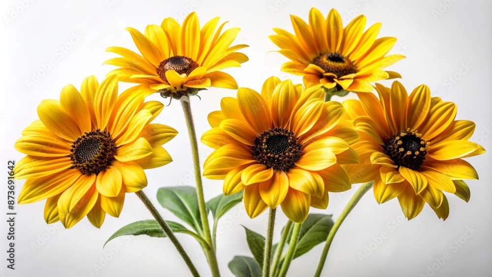 Vibrant yellow petals with dark centers, delicate leaves, and a sturdy stem, standing tall against a pristine white background. Vibrant yellow petals with dark centers, delicate leaves, and a sturdy stem, standing tall against a pristine white background.
