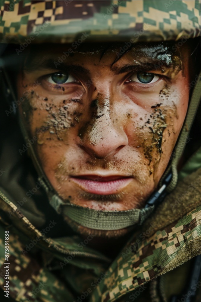 Half-body composition allows for a closer examination of the soldier's facial features and expression, conveying a sense of determination and resilience inherent in their role. Half-body composition allows for a closer examination of the soldier's facial features and expression, conveying a sense of determination and resilience inherent in their role.