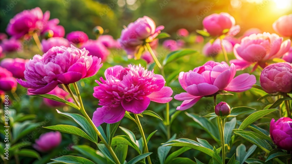 Vibrant pink peonies burst forth from lush green foliage, delicate petals unfolding like tender silk in morning's golden soft light. Vibrant pink peonies burst forth from lush green foliage, delicate petals unfolding like tender silk in morning's golden soft light.