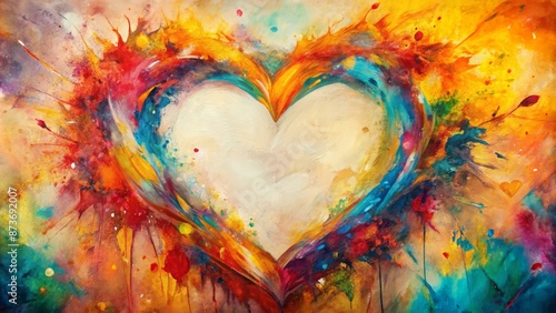 Exquisite abstract heart frame crafted with expressive brushstrokes, vibrant colors, and delicate textures, radiating love and warmth on a pristine backdrop. photo
