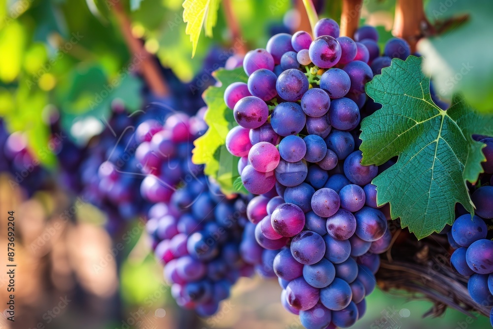 A bunch of purple grapes hanging from a vine A bunch of purple grapes hanging from a vine