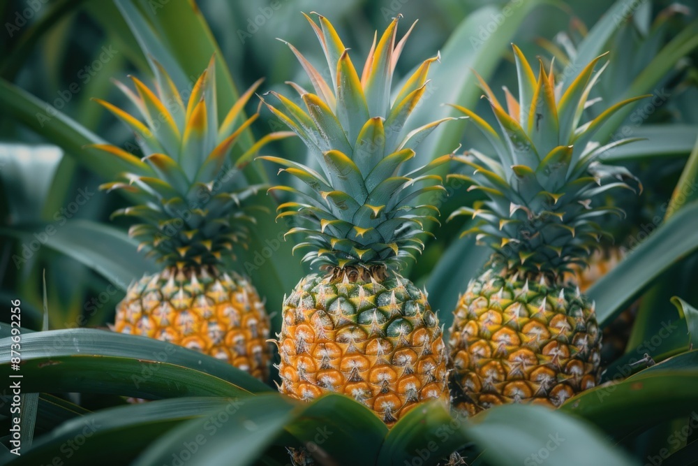 Three pineapples are sitting on top of green leaves Three pineapples are sitting on top of green leaves