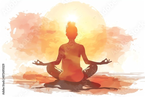 Sunset meditation with silhouette of a person in lotus position, surrounded by warm watercolor tones, symbolizing peace and tranquility.
