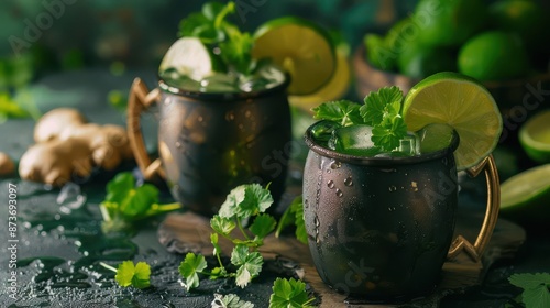 Clover mule with ginger beer and lime, Saint Patricks Day cocktail, spicy and vibrant photo