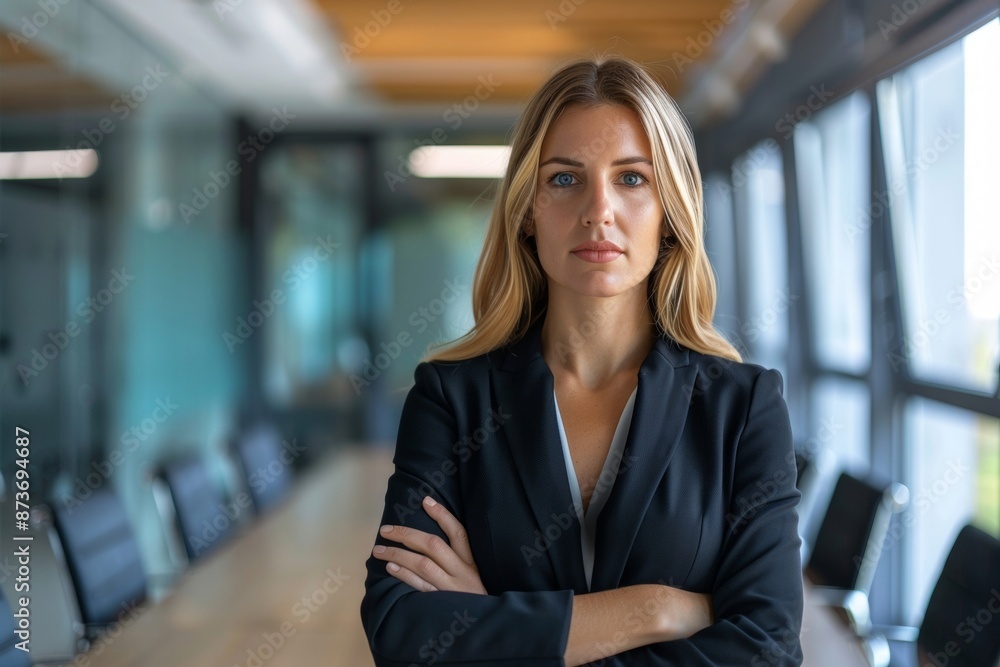 Confident businesswoman CEO stands firmly in a conference room. Confident businesswoman CEO stands firmly in a conference room.