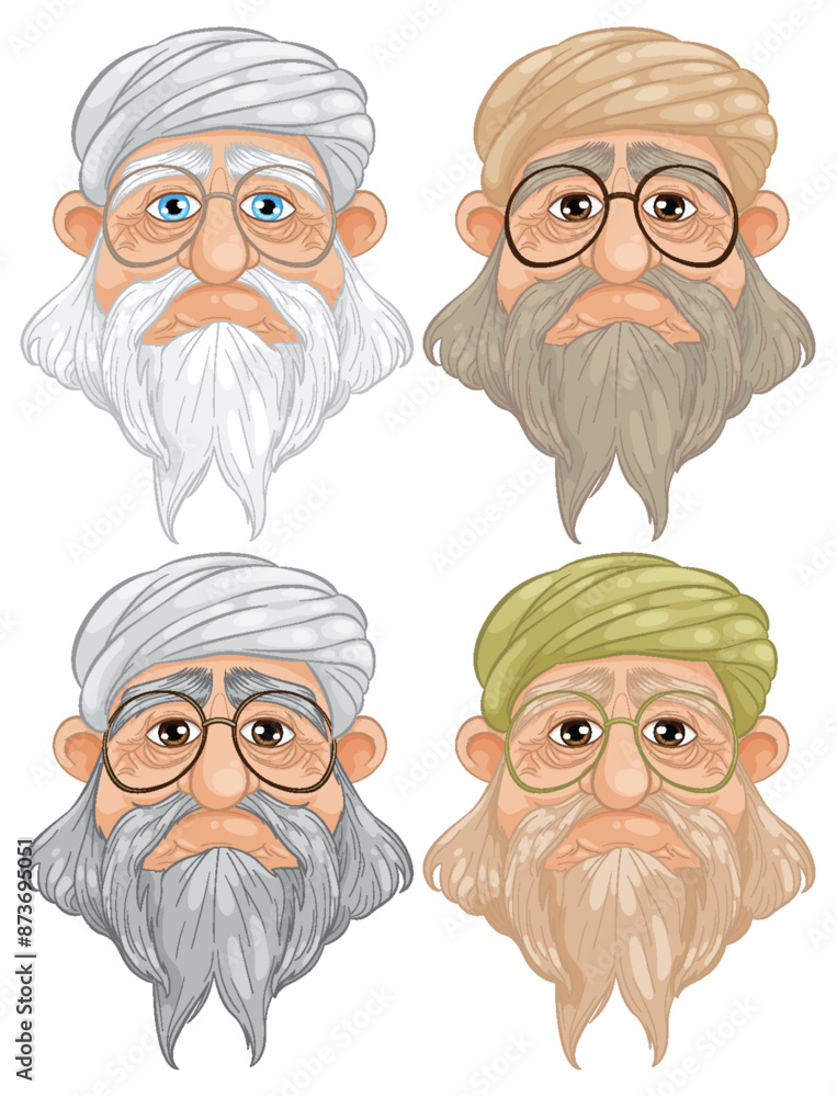 Four elderly men with different colored turbans Four elderly men with different colored turbans