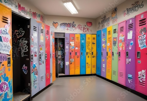 Colorful school lockers with stickers and graffiti, suggesting a youthful, personalized environment