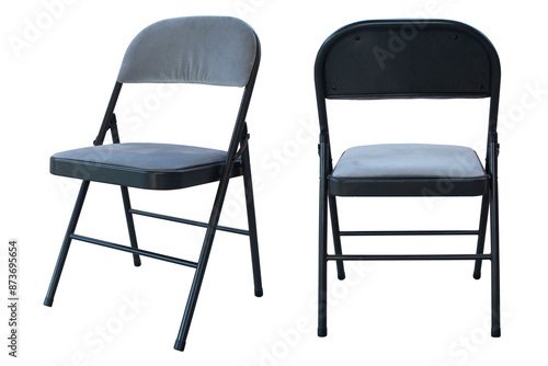 Quadro em tela Metal folding chair, A classic black metal folding chair, Folding chairs are used for all types of events and gatherings, they fold closed for easy storage and transportation, Isolated on white