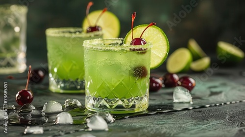 Midori sour with lime and cherry, Saint Patricks Day cocktail, sweet and tangy photo