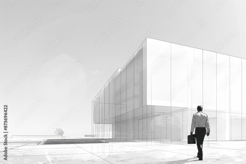 A minimalist line art depiction of a businessman holding a briefcase, walking confidently towards a corporate building. The clean lines convey a sense of purpose and ambition, ideal for use in A minimalist line art depiction of a businessman holding a briefcase, walking confidently towards a corporate building. The clean lines convey a sense of purpose and ambition, ideal for use in