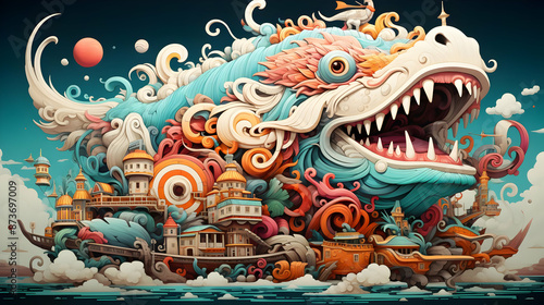 Fantasy City Illustration with a Giant Sea Monster © Siasart Studio
