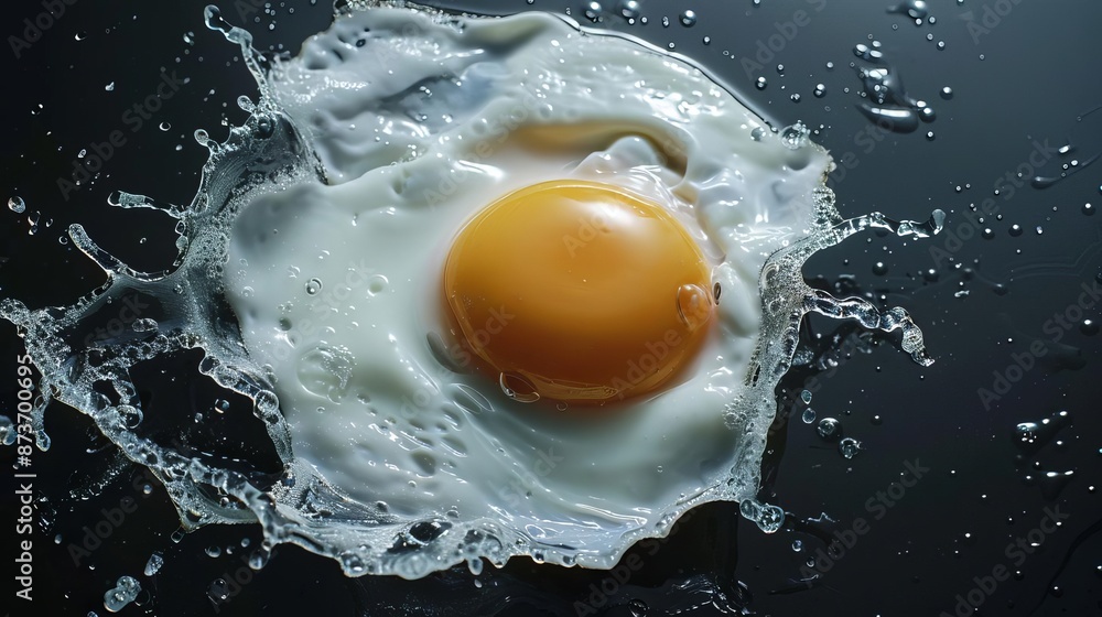 Close-up of a raw egg cracked on a dark surface, with the yolk prominently displayed, surrounded by the egg white. Close-up of a raw egg cracked on a dark surface, with the yolk prominently displayed, surrounded by the egg white.