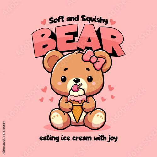Cute bear eating ice cream with joy