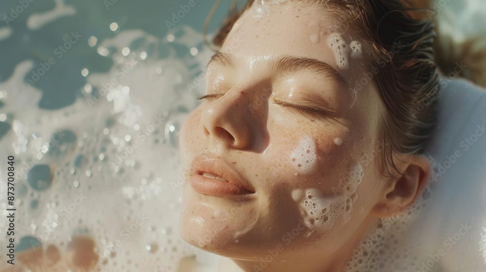 Close-up of a serene woman enjoying a foam bath, portraying relaxation and spa-like atmosphere with bubbles on her face. Close-up of a serene woman enjoying a foam bath, portraying relaxation and spa-like atmosphere with bubbles on her face.