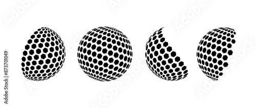 Black halftone pattern sphere set. Hexagon wireframe 3d circle collection. Grid globe element bundle. Round shape pack for tech poster, banner, cover, emblem. Vector spinning objects