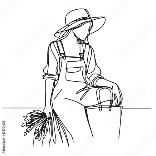 farmer farming one line art drawing continuous vector illustration, isolated on transparent background