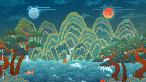 일월오봉도 동양화 산수화 The sun, the moon and the five mountain peaks. Paintings symbolizing Korean traditional kings, oriental paintings, pine trees, water, ten longevity symbols