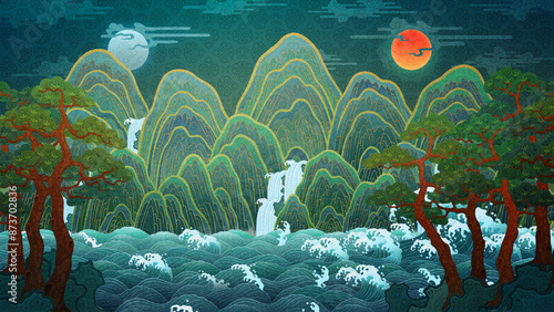 Fototapeta Naklejka Na Ścianę i Meble -  일월오봉도 동양화 산수화 The sun, the moon and the five mountain peaks. Paintings symbolizing Korean traditional kings, oriental paintings, pine trees, water, ten longevity symbols