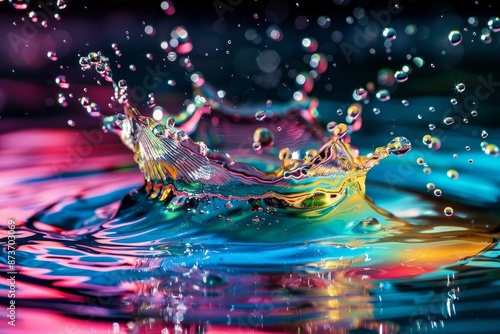 Vibrant highspeed photography of colorful water splash crown with dynamic motion and abstract macro droplets in a fluid and artistic pattern. Creating a beautiful. Clean. Aqua colors and a tranquil photo