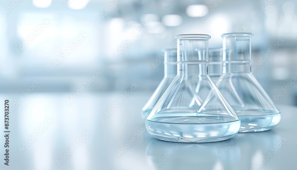 Close-up of three laboratory glass flasks in a modern, bright lab environment. Perfect for science and research-themed projects. Close-up of three laboratory glass flasks in a modern, bright lab environment. Perfect for science and research-themed projects.