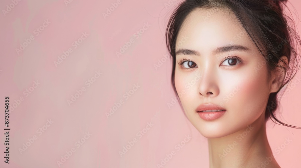 Portrait of a beautiful young Asian woman with glowing skin on pink background. Concept of beauty, skincare, cosmetics, and wellness. Portrait of a beautiful young Asian woman with glowing skin on pink background. Concept of beauty, skincare, cosmetics, and wellness.
