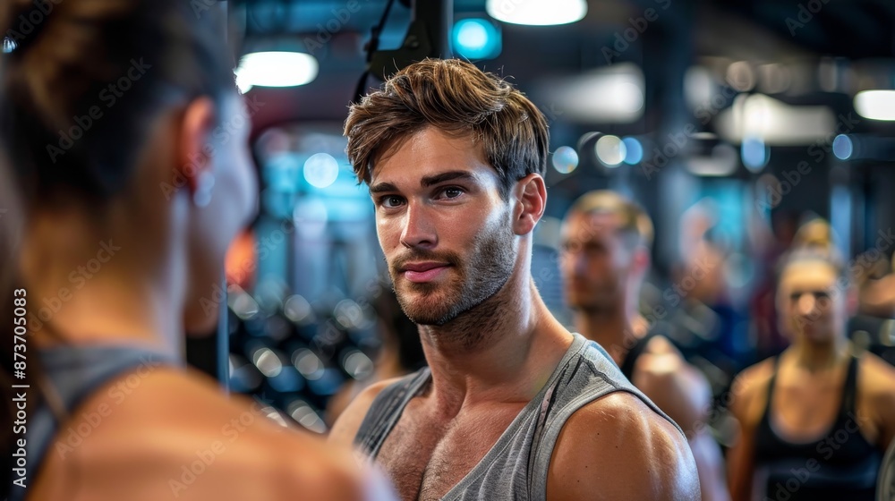 Single man, at gym, surrounded by fit couples, medium angle, modern gym lighting, fitness culture, personal isolation, sharp clarity, energetic atmosphere., Single man, at gym, surrounded by fit couples, medium angle, modern gym lighting, fitness culture, personal isolation, sharp clarity, energetic atmosphere.,