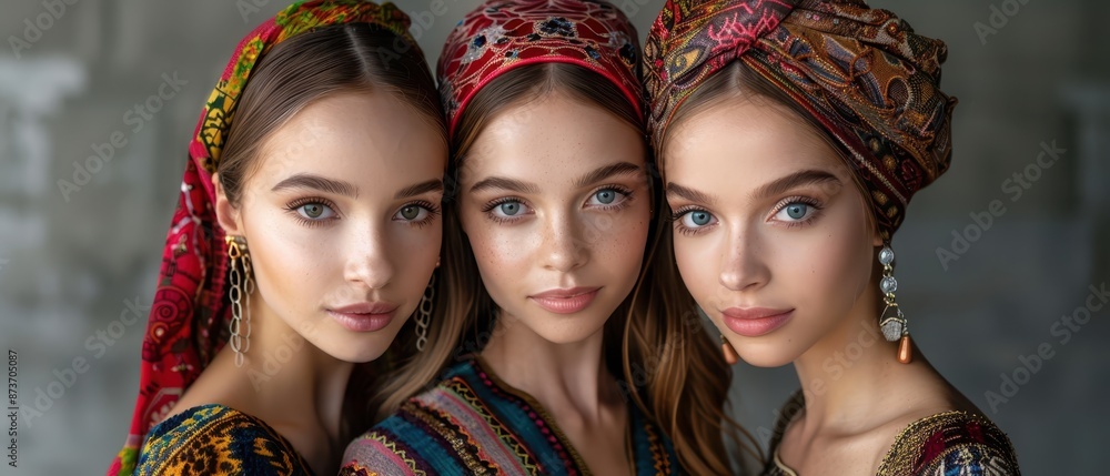 Three Young Women in Traditional Colorful Headscarves and Dresses Posing Together Against a Neutral Background Three Young Women in Traditional Colorful Headscarves and Dresses Posing Together Against a Neutral Background