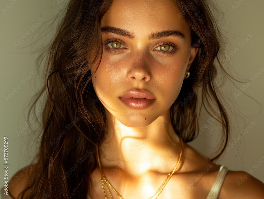 Portrait of a Young Woman with Long Hair and Green Eyes in Natural Sunlight Portrait of a Young Woman with Long Hair and Green Eyes in Natural Sunlight
