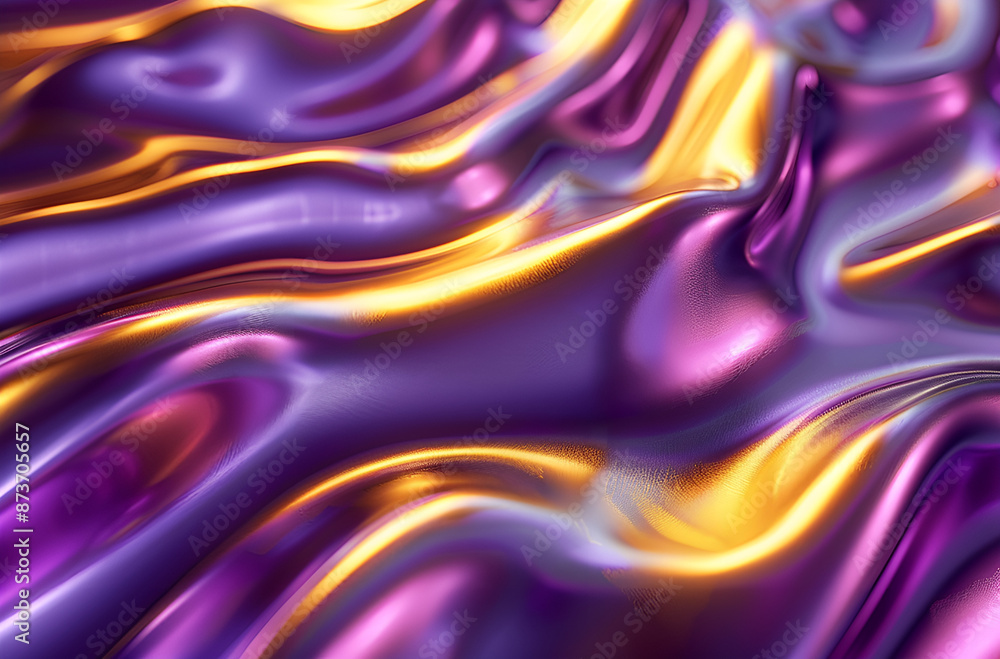 Fototapeta premium 3d golden and purple fluid abstract background holographic foil metallic texture liquid metal surface