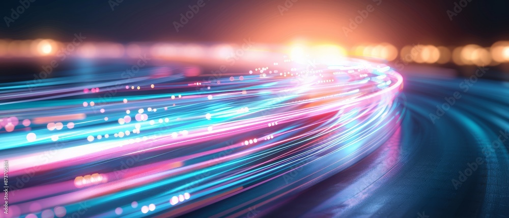 Colorful light trails on a road at night, capturing the dynamic motion and speed of urban traffic in a neon-glow cityscape.