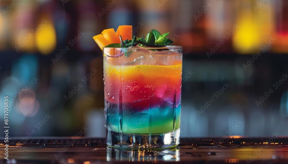 Colorful layered cocktail with garnishes, served in a glass on a bar counter, perfect for parties or special occasions. Colorful layered cocktail with garnishes, served in a glass on a bar counter, perfect for parties or special occasions.