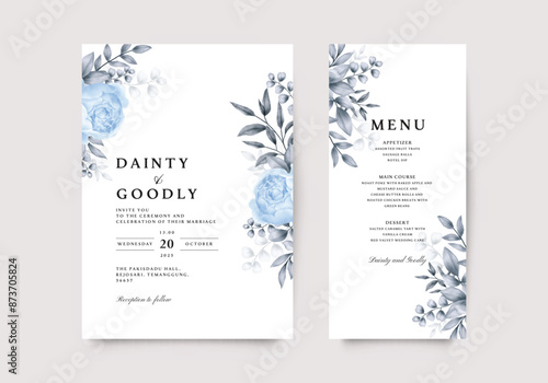 Wedding invitation card template with elegant blue roses