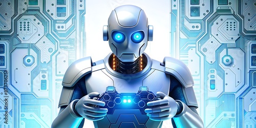 Metallic robot holding a gaming controller, surrounded by circuits and motherboards, with a bright blue glow on its forehead, forming a futuristic logo design. photo