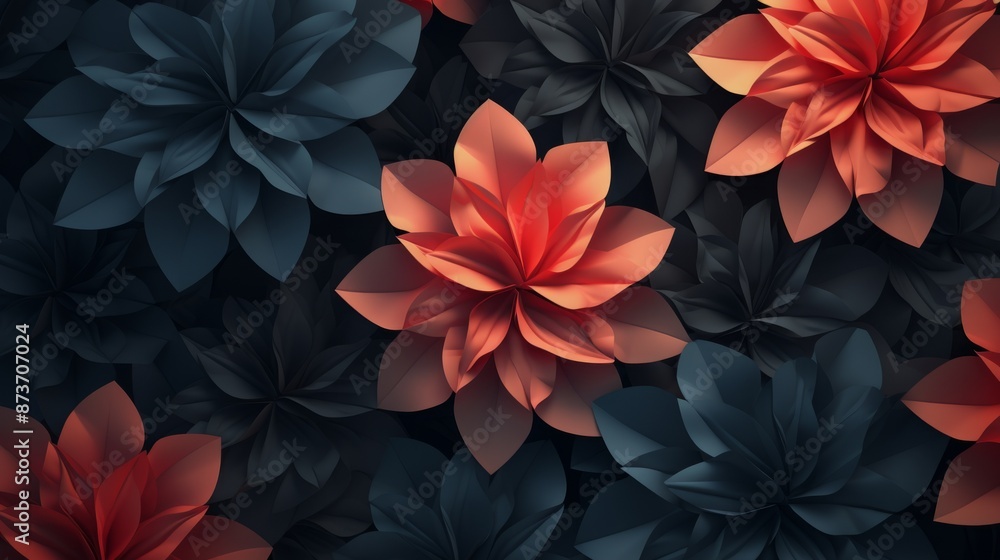 A single orange paper flower stands out against a background of dark blue paper flowers A single orange paper flower stands out against a background of dark blue paper flowers